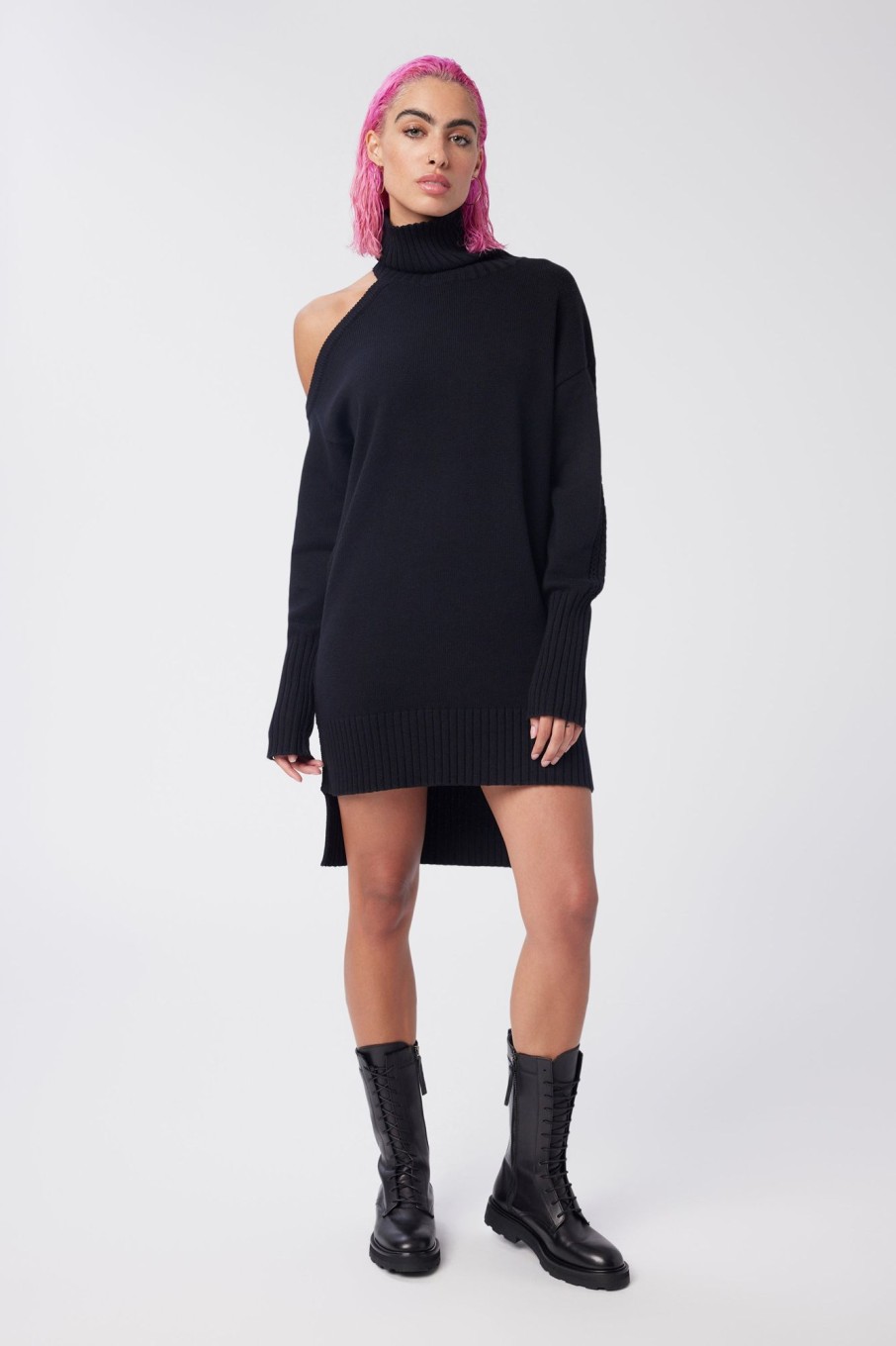 Women LITA Dresses | Cold Shoulder Mock Neck Sweater Tunic In Cotton And Cashmere