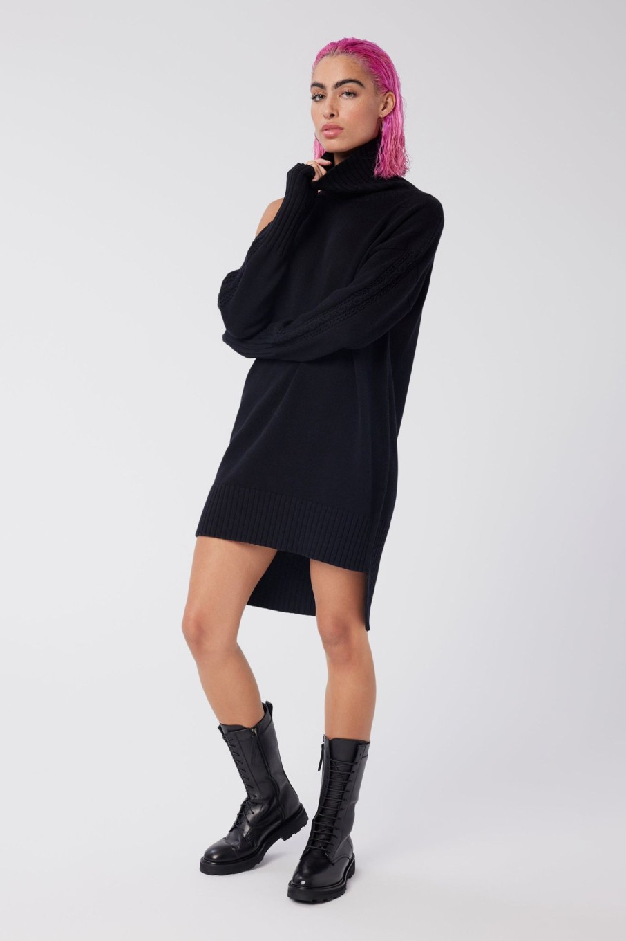 Women LITA Dresses | Cold Shoulder Mock Neck Sweater Tunic In Cotton And Cashmere