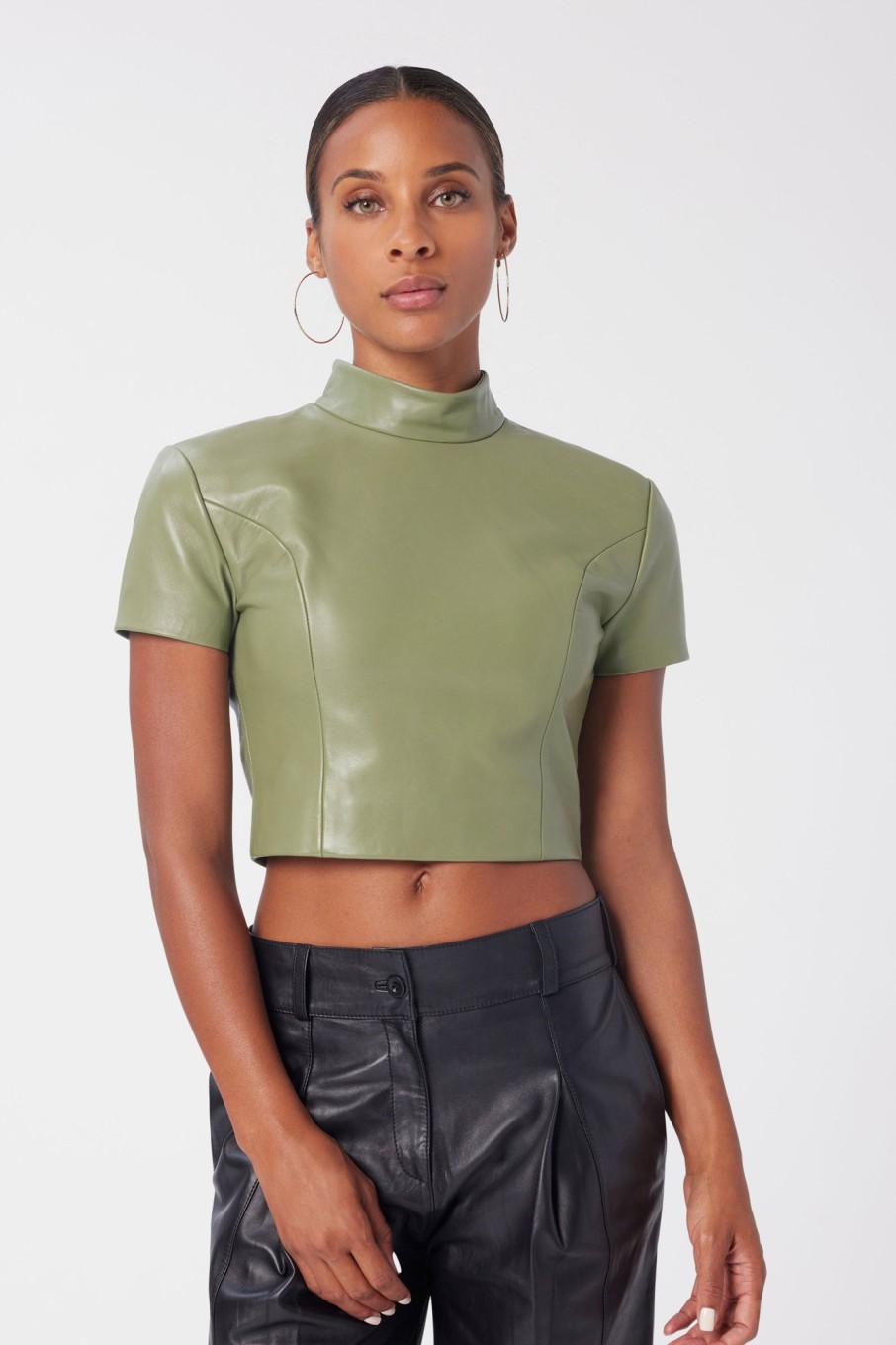 Women LITA Tops | Cropped Strong Shoulder Tee In Leather