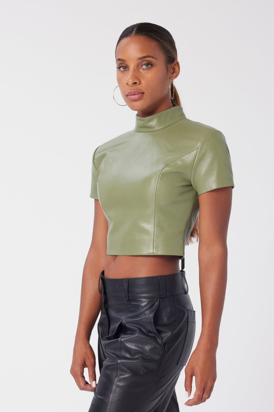 Women LITA Tops | Cropped Strong Shoulder Tee In Leather